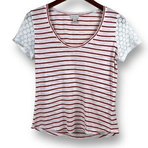 Hinge Red and White Stripe T-shirt with‎ Lace Short Sleeves Size S